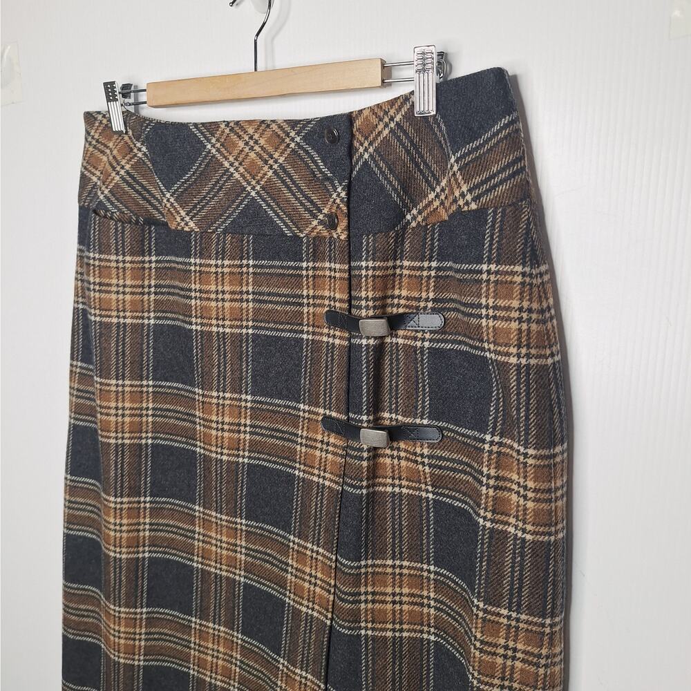 VTG 90s Wool Plaid Midi Blanket Skirt Tartan Wrap Fringe L 14 Academia Preppy - Picture 2 of 9